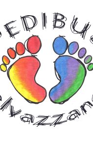 Logo del progetto Pedibus: due orme umane dai colori dell'arcobaleno